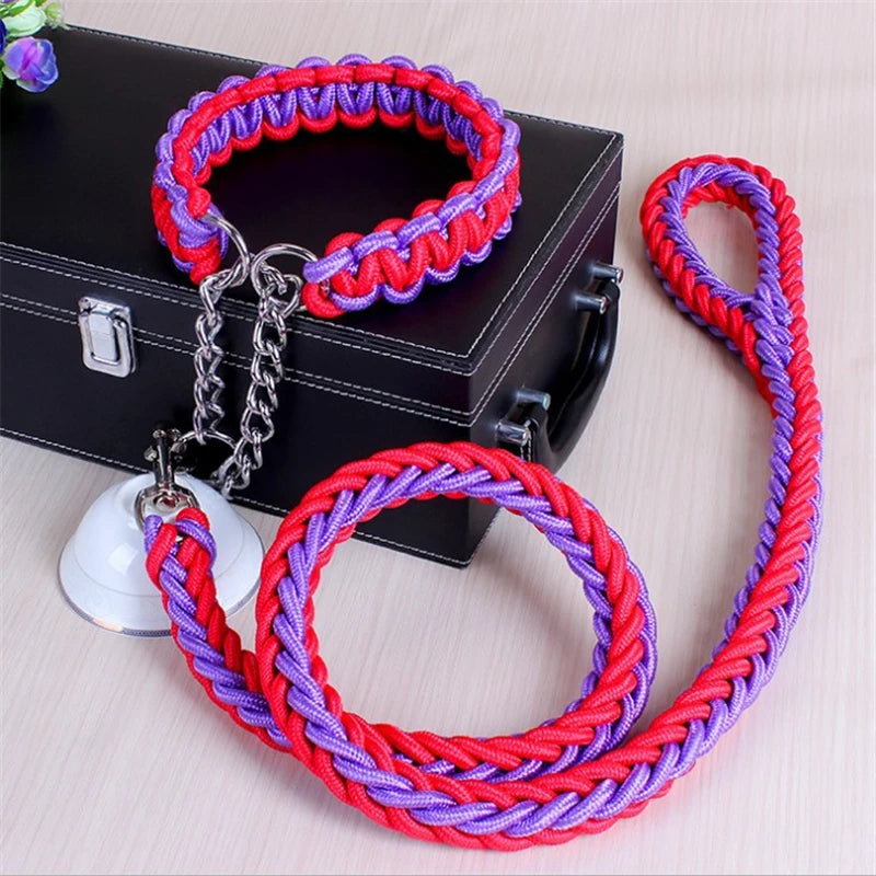 17 colors 1.2M Length Double Strand Rope Large Dog Leashes Metal P Chain Buckle National Color Pet Traction Rope Collar Set A 11