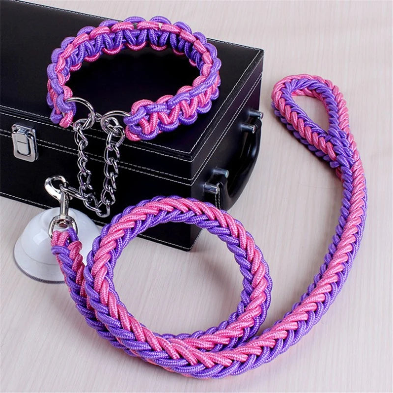 17 colors 1.2M Length Double Strand Rope Large Dog Leashes Metal P Chain Buckle National Color Pet Traction Rope Collar Set A 11