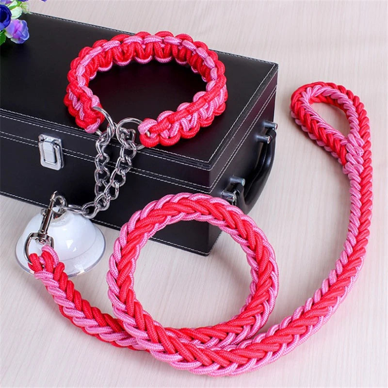 17 colors 1.2M Length Double Strand Rope Large Dog Leashes Metal P Chain Buckle National Color Pet Traction Rope Collar Set A 11