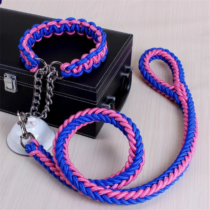 17 colors 1.2M Length Double Strand Rope Large Dog Leashes Metal P Chain Buckle National Color Pet Traction Rope Collar Set A 11