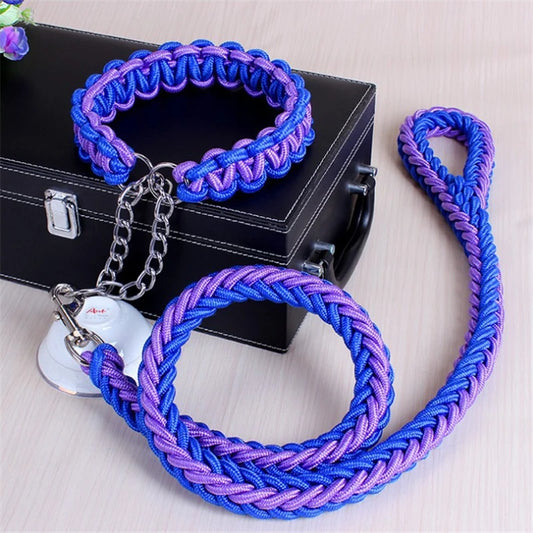 17 colors 1.2M Length Double Strand Rope Large Dog Leashes Metal P Chain Buckle National Color Pet Traction Rope Collar Set A 11