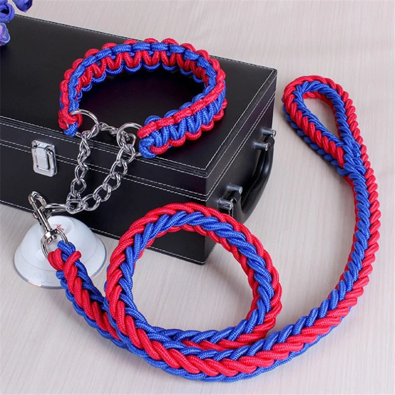 17 colors 1.2M Length Double Strand Rope Large Dog Leashes Metal P Chain Buckle National Color Pet Traction Rope Collar Set A 11